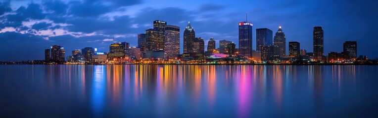Breathtaking view of Detroit skyline illuminated at dusk with vibrant reflections in the river