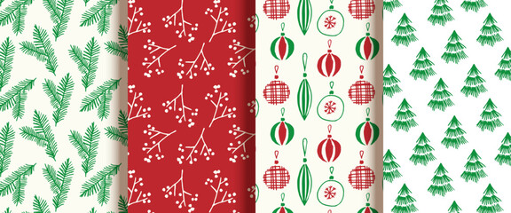 Christmas pattern set Patterns with Christmas balls and toys, Christmas tree, fir branch, Holly. Suitable for New Year party, invitations, cards, decorations, packaging, wrapping paper, gift boxes