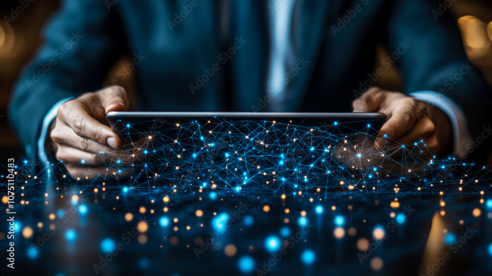 Poster a business professional engaged with a tablet displaying an intricate digital network of glowing con