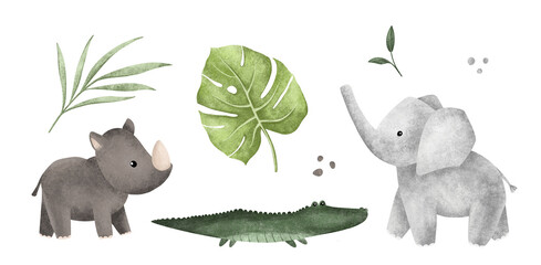 Cartoon set of african animals and leaves for children's design . Hand drawn illustration of cute rhinoceros and elephant on isolated background. Minimalist scandinavian style monstera and crocodile. © Ekatmart