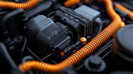 Close up of battery and motor system in electric vehicle, showcasing intricate details and vibrant orange wiring. image highlights modern technology and engineering