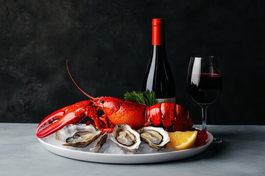 Lobster and Oyster Seafood Platter with Red Wine Bottle on Ice