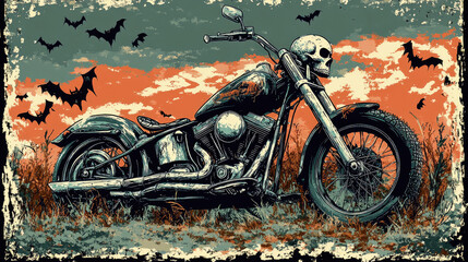 A distinctive motorcycle featuring a skull design rests in tall grass under a striking orange-hued sky, enhancing the spooky atmosphere of twilight