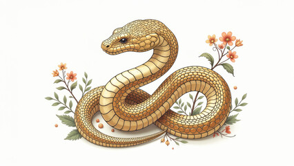 Fototapeta premium Illustration of gold snake zodiac sign with floral ornament on white background, symbol new year