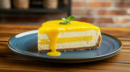 mango coconut cheesecake, Mango and milk cheesecake, a delicious food photo. A delicious slice of mango-honey layered cheesecake with a yellow dripping liquid sauce on top, side view, on a blue plate,