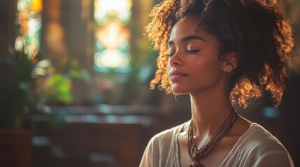 Obraz premium in a serene church setting, a thoughtful black woman kneels in prayer, connecting deeply with her spirituality and faith, embodying the essence of mindfulness and devotion