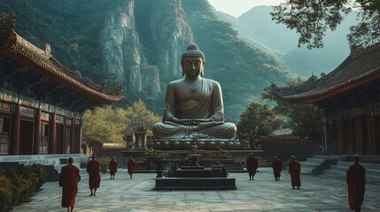 Monks walking past a giant Buddha statue in a temple