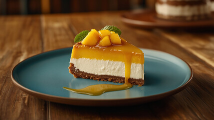 mango coconut cheesecake, Mango and milk cheesecake, a delicious food photo. A delicious slice of mango-honey layered cheesecake with a yellow dripping liquid sauce on top, side view, on a blue plate,