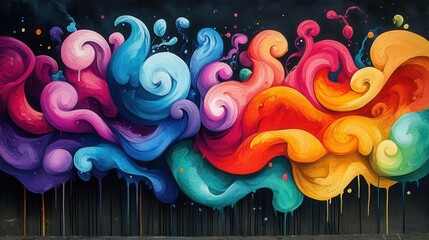 ink stains in vibrant hues creating a chaotic abstract art piece on a canvas, with spirals and drips capturing a sense of spontaneity and creativity