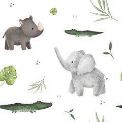 Seamless pattern with leaves monstera and african animals rhinoceros and elephant for children's design. Hand drawn illustration crocodile Cute Print for childish textile design or wallpaper