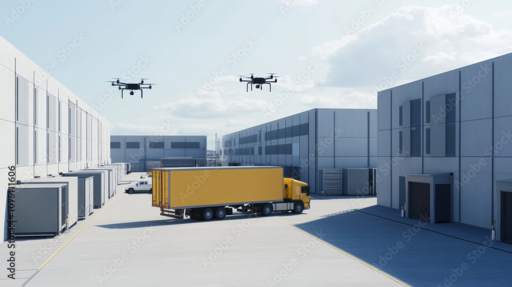 Aufkleber efficient city delivery hub with drones and trucks at multi-story loading zones,3d