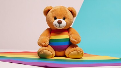 Gay-themed illustration featuring a cute teddy bear with an LGBT or Pride flag displayed on a nearby table open for customized elements