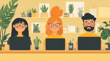 Three individuals focus on their laptops in a bright, inviting workspace surrounded by various potted plants creating a calming atmosphere