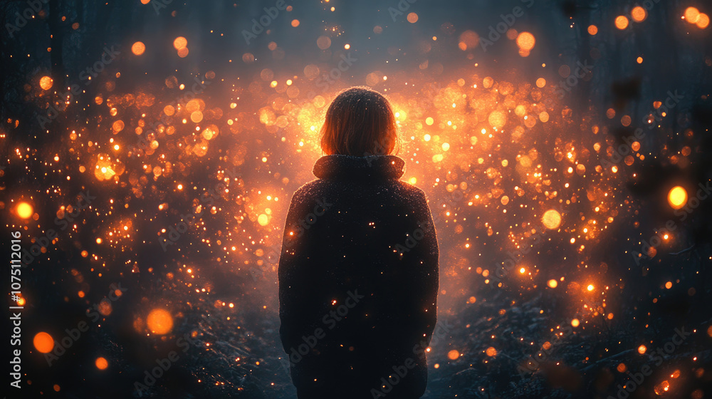 Aufkleber a lone figure gazes into a mysterious forest illuminated by shimmering lights, creating a captivatin