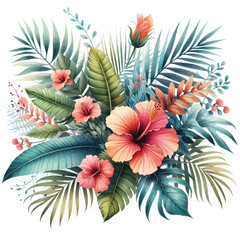 Tropical boho watercolor design with palm leaves and hibiscus flowers vector