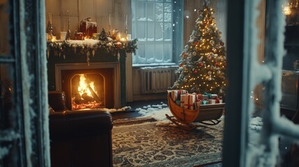 Obraz premium Cozy Living Room with Fireplace and Christmas Tree Seen Through Snow-Covered Window Pane