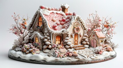 Fototapeta premium A gingerbread house decorated with candy and icing, isolated on a white background