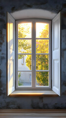 Fototapeta premium 3D Illustration Open Window Sunlight Trees Room Interior Design