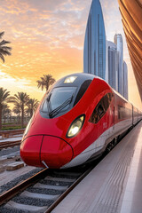 Naklejka premium A high-speed train approaches a contemporary station with palm trees and skyscrapers at sunset, showcasing urban infrastructure and travel