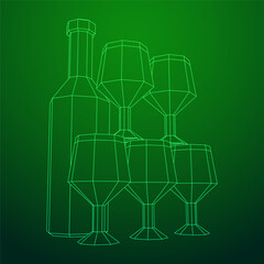 Wine bottle with wine glass. Wireframe low poly mesh vector illustration