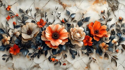 Elegant Floral Artwork Featuring Hand-Painted Flowers on a Marble Background with High Detail and Clean Composition, Capturing the Beauty of Nature in Stunning Resolution