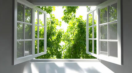 3D Illustration Open Window Lush Green Leaves Sunlight