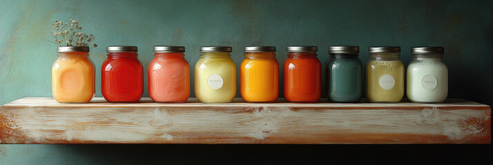 Colorful jars filled with various homemade jams showcase rich flavors, organized neatly on a rustic wooden shelf in soft natural light