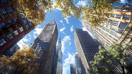 A low-angle photograph of tall buildings the sky