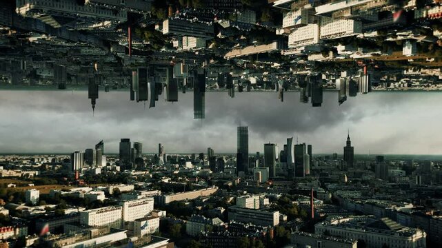Futuristic view of modern downtown. Surrealistic view of a high-rise city. Inception style parallel dimension mirror effect. Surrealistic flight vision of a high tech city. Horizontal reflected view. 