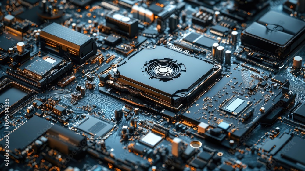 Aufkleber close-up view of electronic circuitry with detailed microchips and complex components, showcasing mo