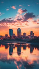 Fototapeta premium A stunning sunset over the Kansas City skyline reflecting in the calm water, capturing the vibrant colors of evening