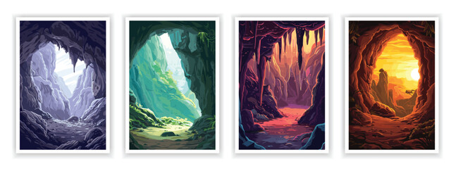 Vector illustration of an intricate cave interior with stalactites and stalagmites. Design elements for posters, book covers, brochures, and educational materials.
