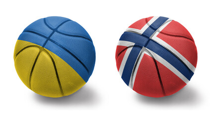 basketball balls with the national flags of norway and ukraine on the white background.