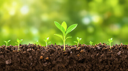 Young Green Seedlings Growing in Rich Soil with Blurred Background