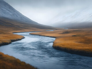 Illustration - Serene River Flowing Through Golden Valley