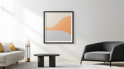 Modern Living Room with Abstract Artwork and Stylish Furniture Featuring Neutral Tones and Soft Lighting in a Contemporary Setting