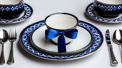 A blue and white table setting with a blue bow on it