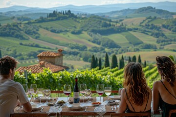 A warm afternoon is spent with friends enjoying a wine tasting experience at a vineyard. They admire stunning views of rolling hills, vineyards, and charming rustic architecture in Tuscany