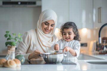 Happy Arab ethnic mother and daughter make food in the kitchen