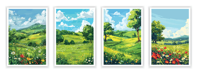 Meadow Landscape Drawing. Vector illustration of grassy fields, wildflowers, and open countryside. Editable artwork for nature posters, covers, or peaceful scenery designs.
