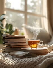 A cozy scene featuring a steaming cup of tea beside stacked books in a sunlit room.