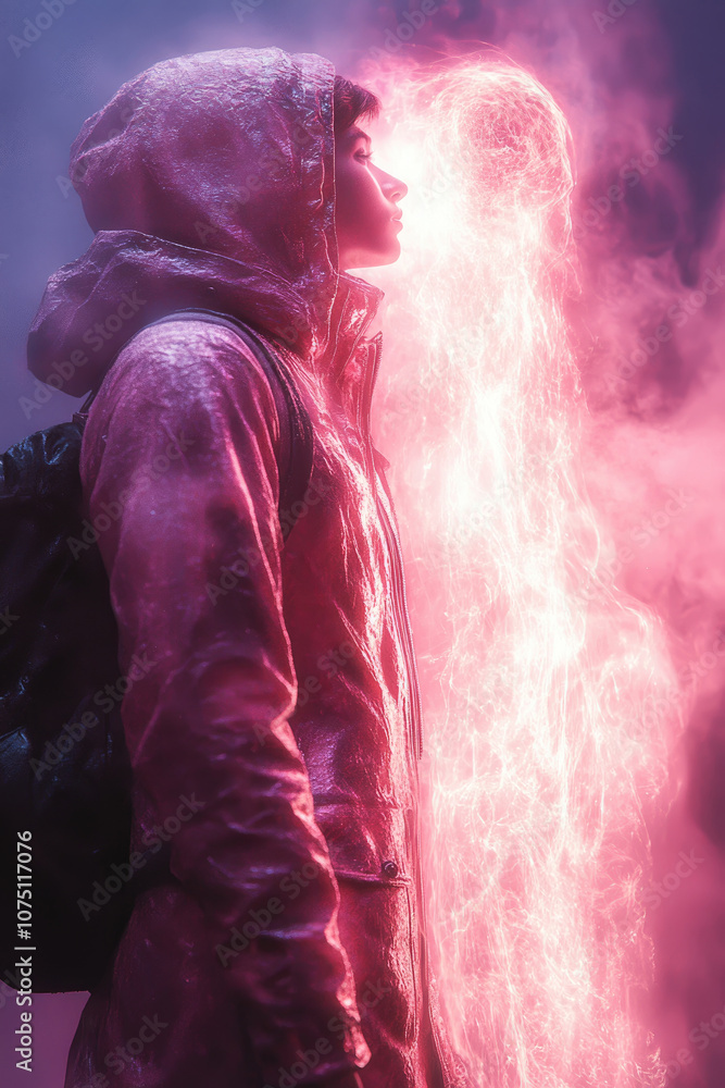 Aufkleber a figure is captivated by a glowing pink mist that swirls around them in a serene twilight forest, c