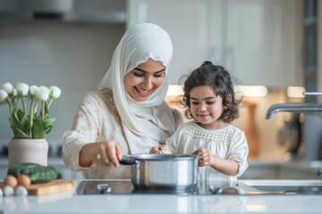 Happy Arab ethnic mother and daughter make food in the kitchen