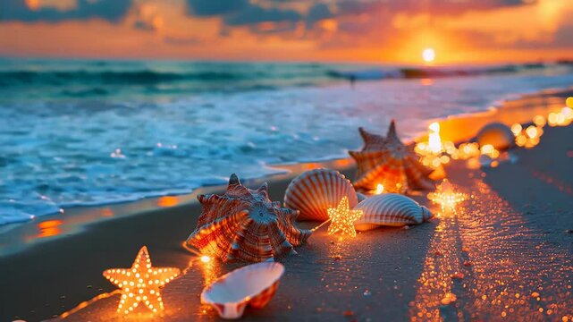 Animation Tropical beach as  sun sets, glowing seashells and starfish decorate the sandy beach, creating a magical atmosphere against the waves and sky colors, Concept of summer relaxation, tourism 