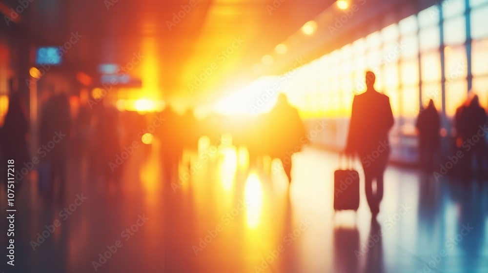 Poster businessman walks through a busy airport terminal at sunset, with warm golden light adding energy to