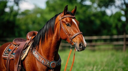 Obraz premium Beautiful brown horse with a saddle, standing in a lush green field.