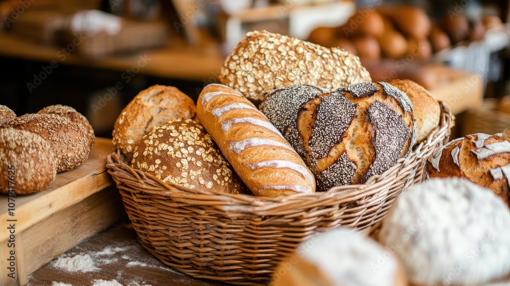 Aufkleber a delightful bakery display showcasing an assortment of freshly baked breads and rolls in a cozy set