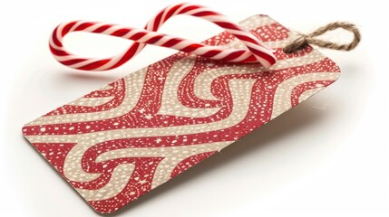 Fototapeta premium A holiday-themed gift tag with a candy cane pattern, isolated on white
