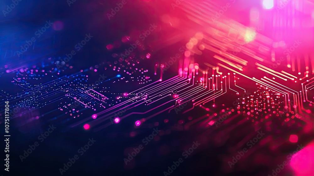 Poster colorful abstract circuit board pattern on a dark background.