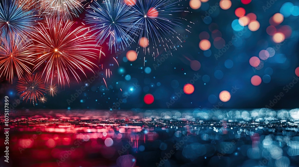 Poster colorful fireworks with bokeh effect on a dark background.